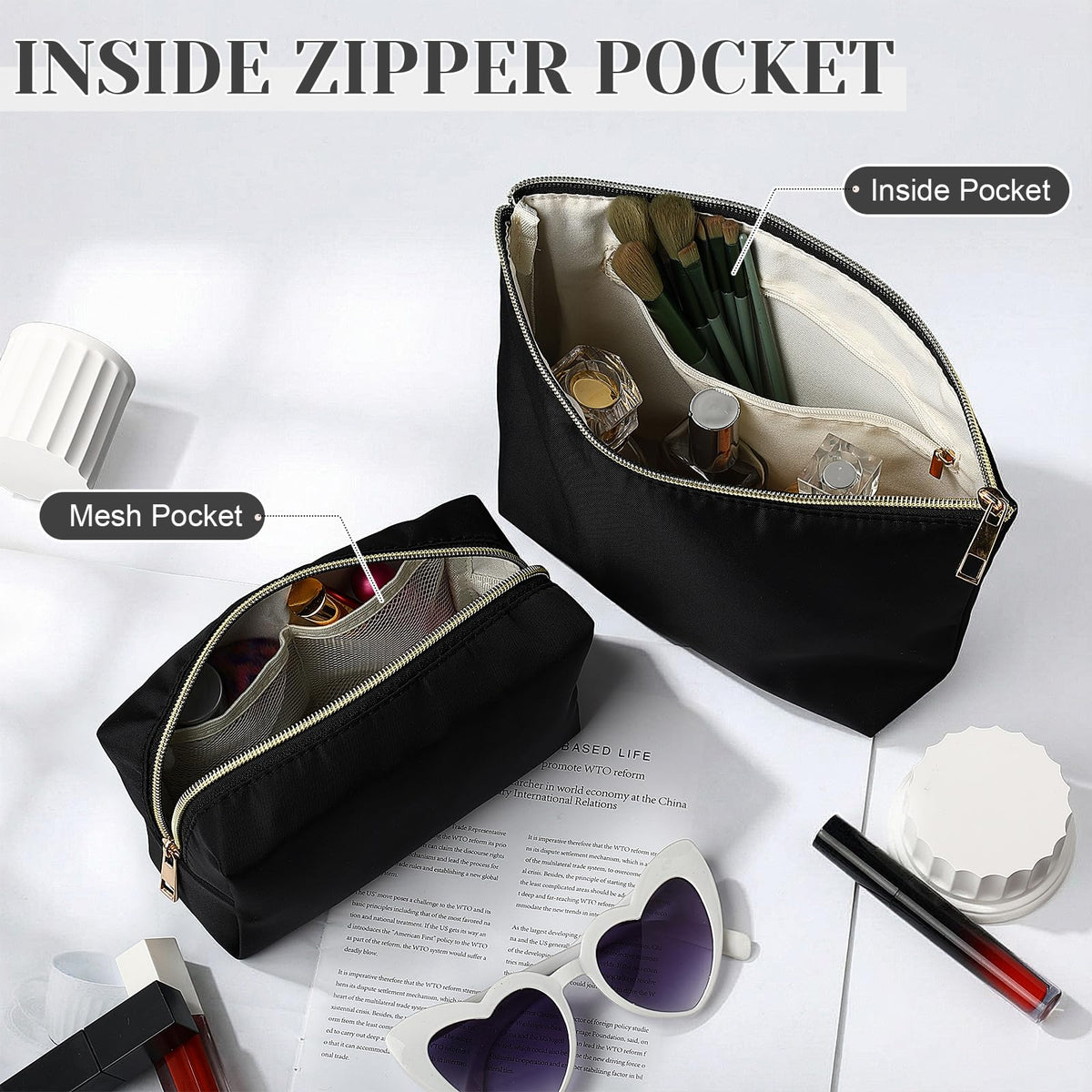 Kigeli 3 Pcs Nylon Makeup Bag Set for Women Aesthetic Cosmetic Bag with Interior Pocketes Preppy Cute Purse Pouch Makeup Brushes Storage Organizer for Travel(Black) - thewildfolk Kigeli 3 Pcs Nylon Makeup Bag Set for Women Aesthetic Cosmetic Bag with Interior Pocketes Preppy Cute Purse Pouch Makeup Brushes Storage Organizer for Travel(Black)