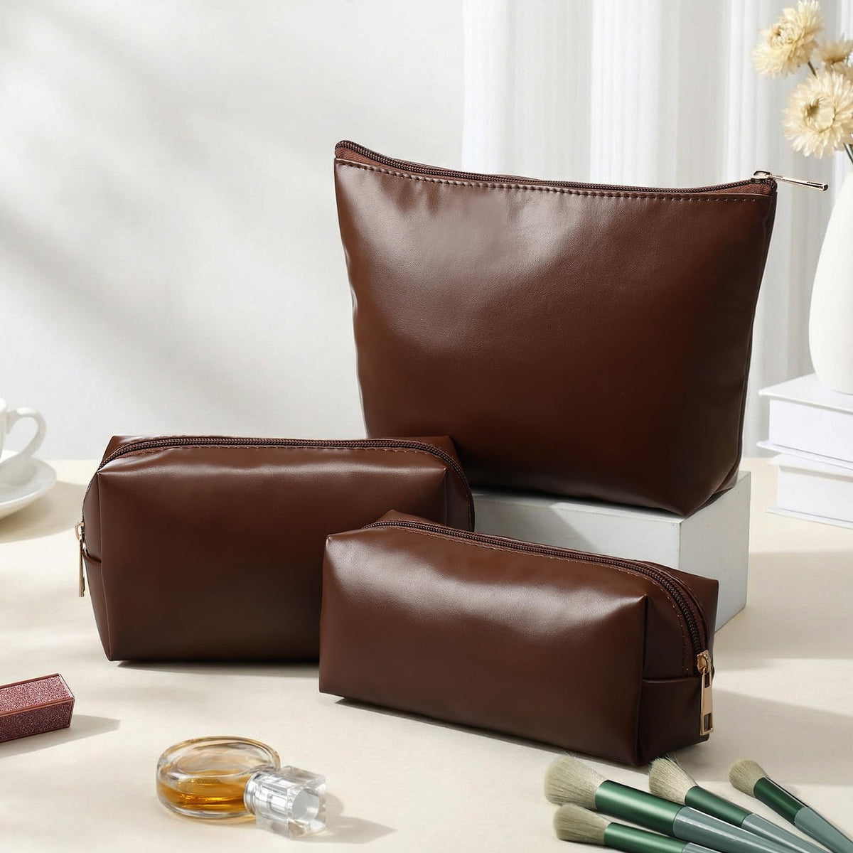 Kigeli 3 Piece Leather Makeup Bag Set Graduation Women Gifts PU Leather Makeup Toiletry Bag Bridesmaid Cosmetic Pouch Small Aesthetic Travel Purse for Wedding Birthday Women Gifts(Coffee) - thewildfolk Kigeli 3 Piece Leather Makeup Bag Set Graduation Women Gifts PU Leather Makeup Toiletry Bag Bridesmaid Cosmetic Pouch Small Aesthetic Travel Purse for Wedding Birthday Women Gifts(Coffee)
