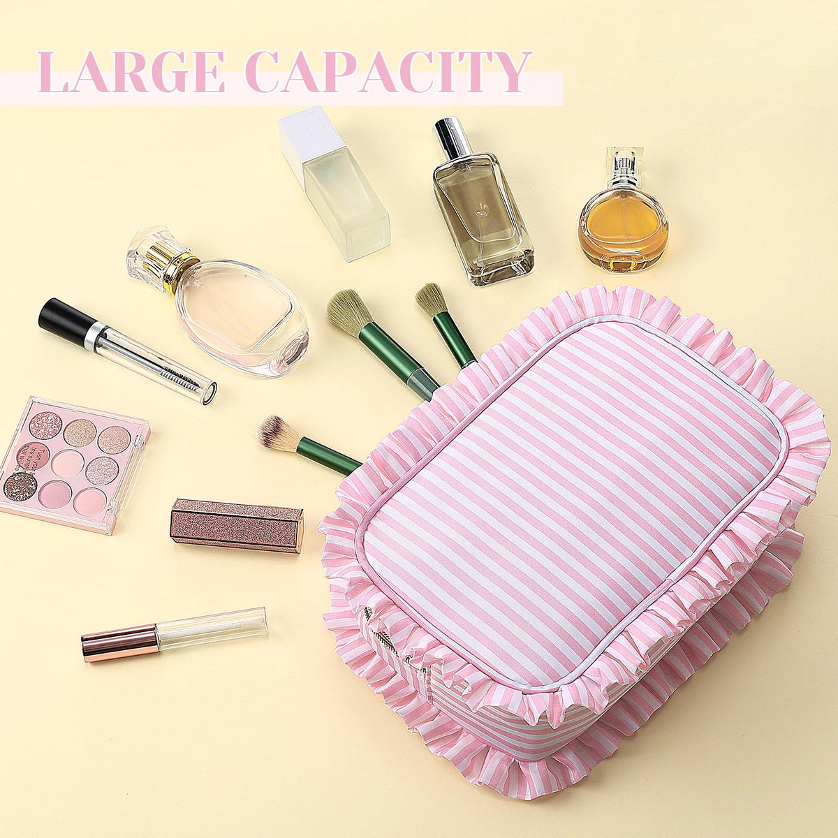 Kigeli Ruffle Makeup Bag Preppy Makeup Pouch Large Travel Cosmetic Bag Nylon Waterproof Toiletry Make up Organizer for Women(Striped,Pink) - thewildfolk Kigeli Ruffle Makeup Bag Preppy Makeup Pouch Large Travel Cosmetic Bag Nylon Waterproof Toiletry Make up Organizer for Women(Striped,Pink)