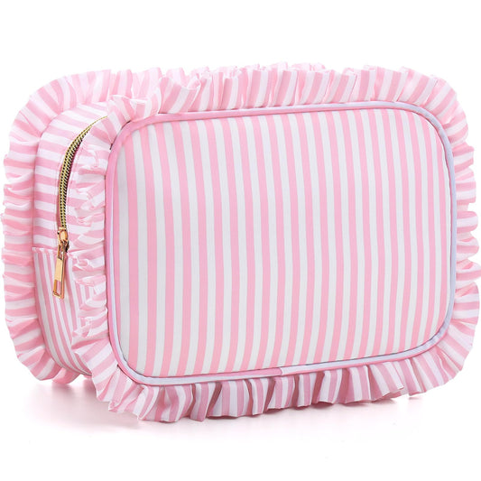 Kigeli Ruffle Makeup Bag Preppy Makeup Pouch Large Travel Cosmetic Bag Nylon Waterproof Toiletry Make up Organizer for Women(Striped,Pink) - thewildfolk Kigeli Ruffle Makeup Bag Preppy Makeup Pouch Large Travel Cosmetic Bag Nylon Waterproof Toiletry Make up Organizer for Women(Striped,Pink)