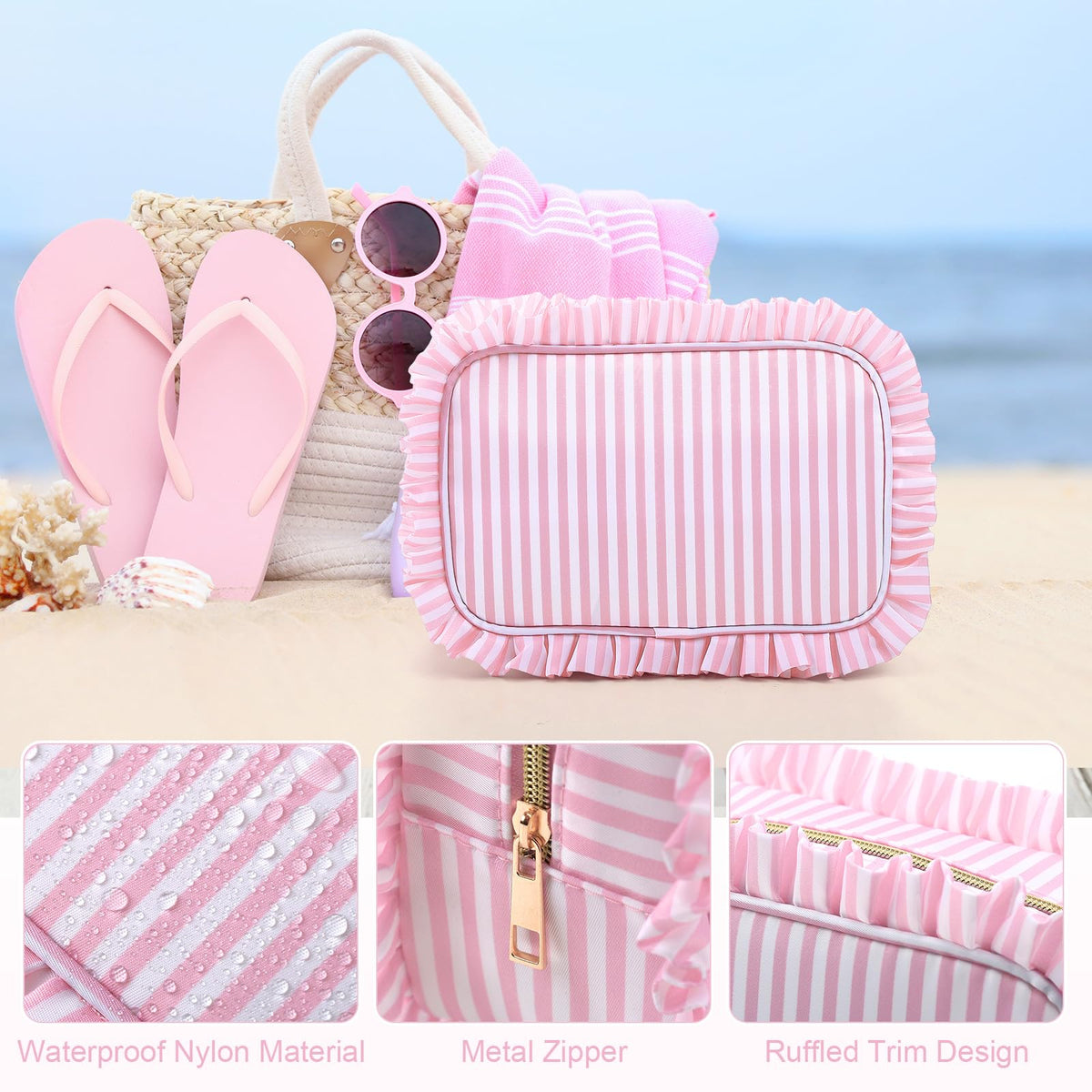Kigeli Ruffle Makeup Bag Preppy Makeup Pouch Large Travel Cosmetic Bag Nylon Waterproof Toiletry Make up Organizer for Women(Striped,Pink) - thewildfolk Kigeli Ruffle Makeup Bag Preppy Makeup Pouch Large Travel Cosmetic Bag Nylon Waterproof Toiletry Make up Organizer for Women(Striped,Pink)