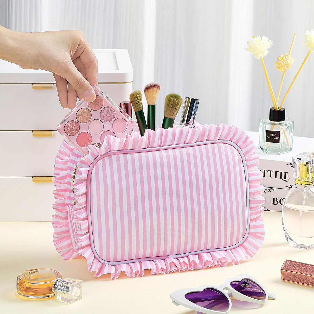Kigeli Ruffle Makeup Bag Preppy Makeup Pouch Large Travel Cosmetic Bag Nylon Waterproof Toiletry Make up Organizer for Women(Striped,Pink) - thewildfolk Kigeli Ruffle Makeup Bag Preppy Makeup Pouch Large Travel Cosmetic Bag Nylon Waterproof Toiletry Make up Organizer for Women(Striped,Pink)
