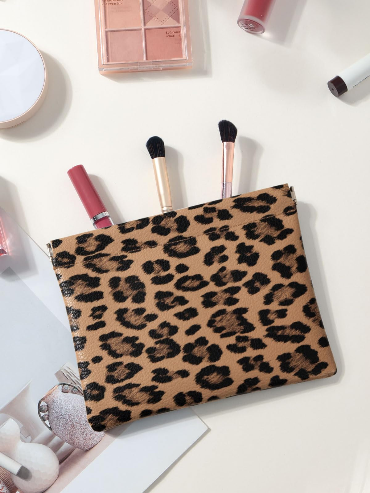 Ksriylm Leopard Leather Small Makeup Pouch for Women,Cosmetic Accessories Organizer,Waterproof and Portable Cosmetic Bag,Self-closing, No Zipper, Aesthetic Storage Pouch,Lipstick for Purse,Brown - thewildfolk Ksriylm Leopard Leather Small Makeup Pouch for Women,Cosmetic Accessories Organizer,Waterproof and Portable Cosmetic Bag,Self-closing, No Zipper, Aesthetic Storage Pouch,Lipstick for Purse,Brown