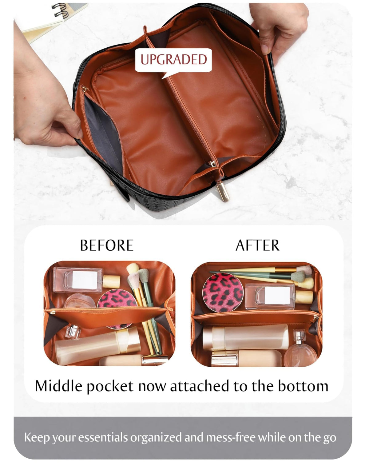 Large Capacity Travel Cosmetic Bag - PU Leather Makeup Organizer Bag Portable Woven Makeup Bags for Women Waterproof Travel Toiletry Bag with Divider Pouch, Black - thewildfolk Large Capacity Travel Cosmetic Bag - PU Leather Makeup Organizer Bag Portable Woven Makeup Bags for Women Waterproof Travel Toiletry Bag with Divider Pouch, Black