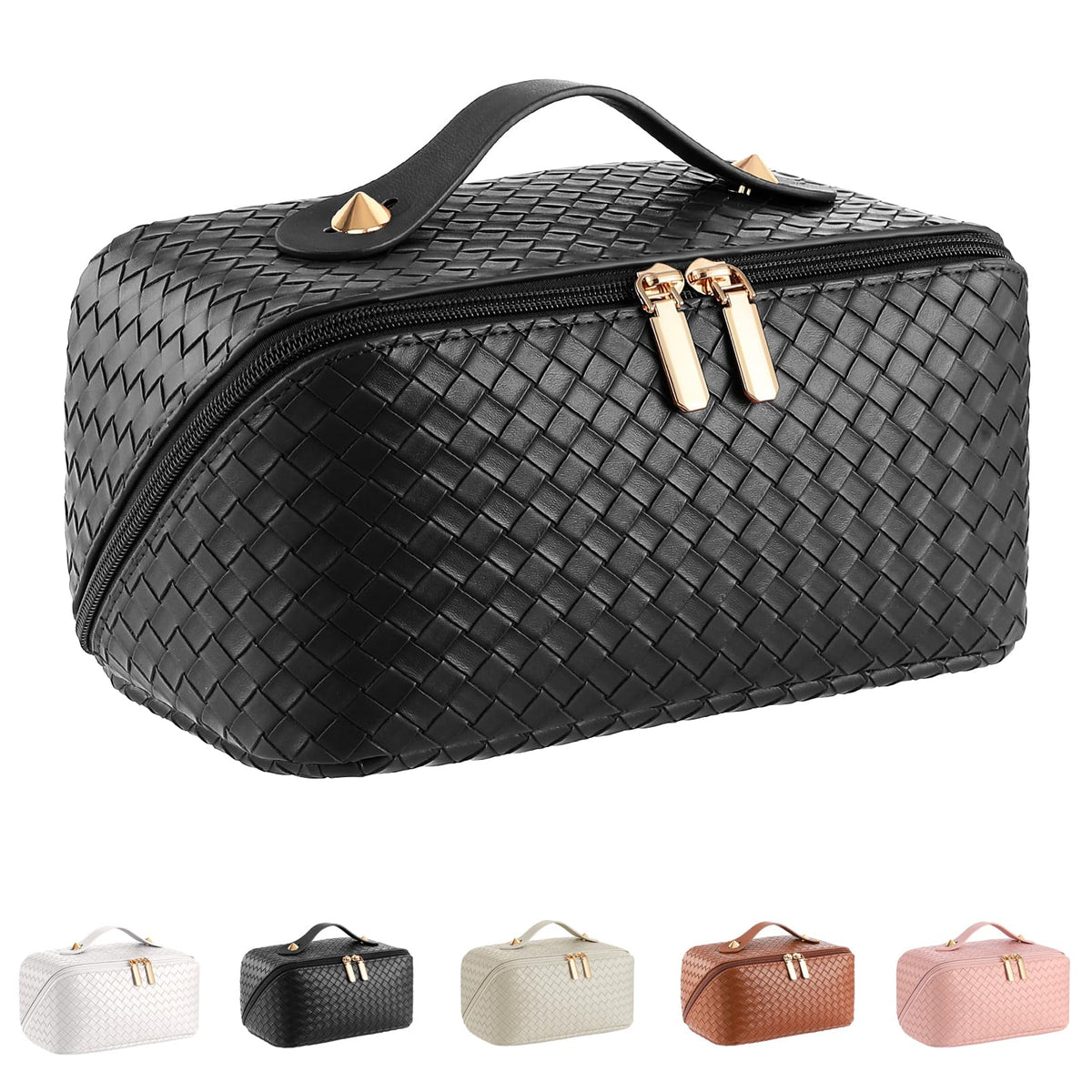 Large Capacity Travel Cosmetic Bag - PU Leather Makeup Organizer Bag Portable Woven Makeup Bags for Women Waterproof Travel Toiletry Bag with Divider Pouch, Black - thewildfolk Large Capacity Travel Cosmetic Bag - PU Leather Makeup Organizer Bag Portable Woven Makeup Bags for Women Waterproof Travel Toiletry Bag with Divider Pouch, Black