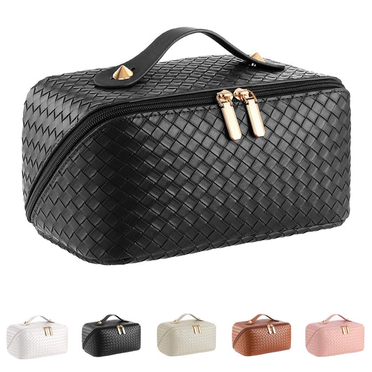 Large Capacity Travel Cosmetic Bag - PU Leather Makeup Organizer Bag Portable Woven Makeup Bags for Women Waterproof Travel Toiletry Bag with Divider Pouch, Black - thewildfolk Large Capacity Travel Cosmetic Bag - PU Leather Makeup Organizer Bag Portable Woven Makeup Bags for Women Waterproof Travel Toiletry Bag with Divider Pouch, Black