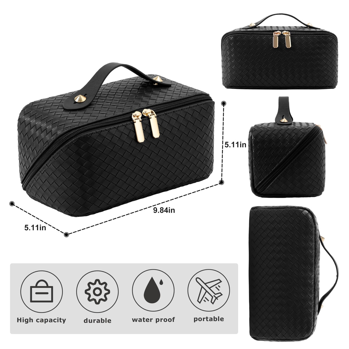 Large Capacity Travel Cosmetic Bag - PU Leather Makeup Organizer Bag Portable Woven Makeup Bags for Women Waterproof Travel Toiletry Bag with Divider Pouch, Black - thewildfolk Large Capacity Travel Cosmetic Bag - PU Leather Makeup Organizer Bag Portable Woven Makeup Bags for Women Waterproof Travel Toiletry Bag with Divider Pouch, Black