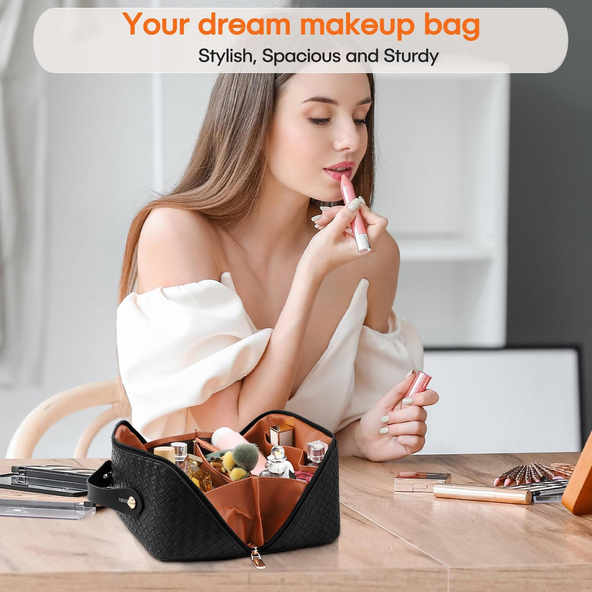 Large Capacity Travel Cosmetic Bag - PU Leather Makeup Organizer Bag Portable Woven Makeup Bags for Women Waterproof Travel Toiletry Bag with Divider Pouch, Black - thewildfolk Large Capacity Travel Cosmetic Bag - PU Leather Makeup Organizer Bag Portable Woven Makeup Bags for Women Waterproof Travel Toiletry Bag with Divider Pouch, Black