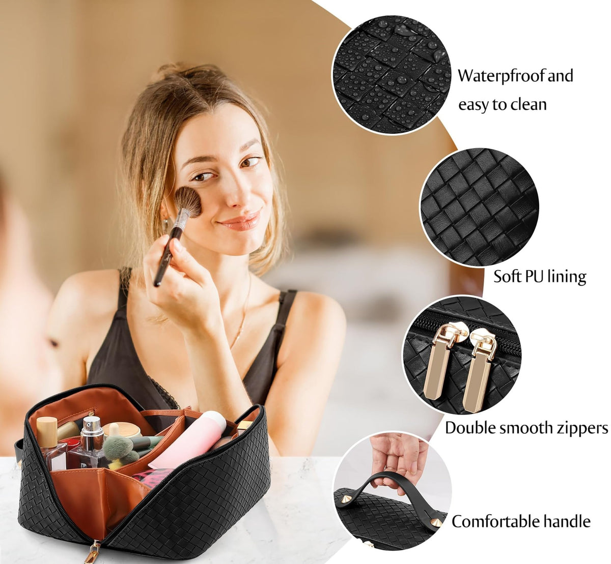 Large Capacity Travel Cosmetic Bag - PU Leather Makeup Organizer Bag Portable Woven Makeup Bags for Women Waterproof Travel Toiletry Bag with Divider Pouch, Black - thewildfolk Large Capacity Travel Cosmetic Bag - PU Leather Makeup Organizer Bag Portable Woven Makeup Bags for Women Waterproof Travel Toiletry Bag with Divider Pouch, Black