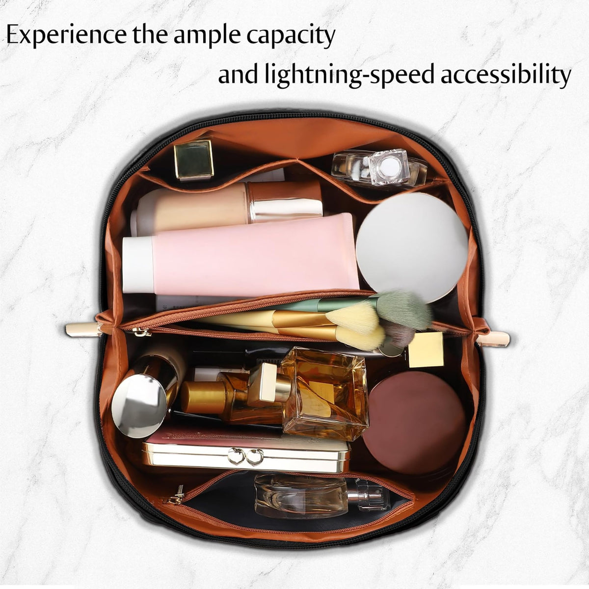 Large Capacity Travel Cosmetic Bag - PU Leather Makeup Organizer Bag Portable Woven Makeup Bags for Women Waterproof Travel Toiletry Bag with Divider Pouch, Black - thewildfolk Large Capacity Travel Cosmetic Bag - PU Leather Makeup Organizer Bag Portable Woven Makeup Bags for Women Waterproof Travel Toiletry Bag with Divider Pouch, Black