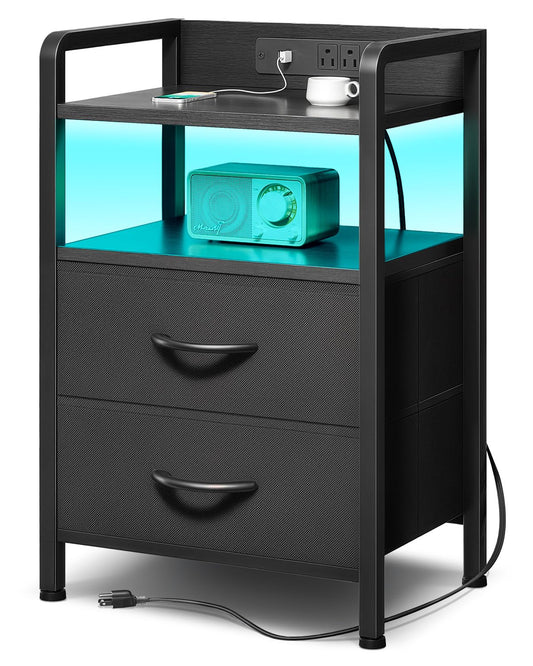 Lazzanto Nightstand with Rear Charging Station, LED Light, 2 Drawers, Black - thewildfolk Lazzanto Nightstand with Rear Charging Station, LED Light, 2 Drawers, Black