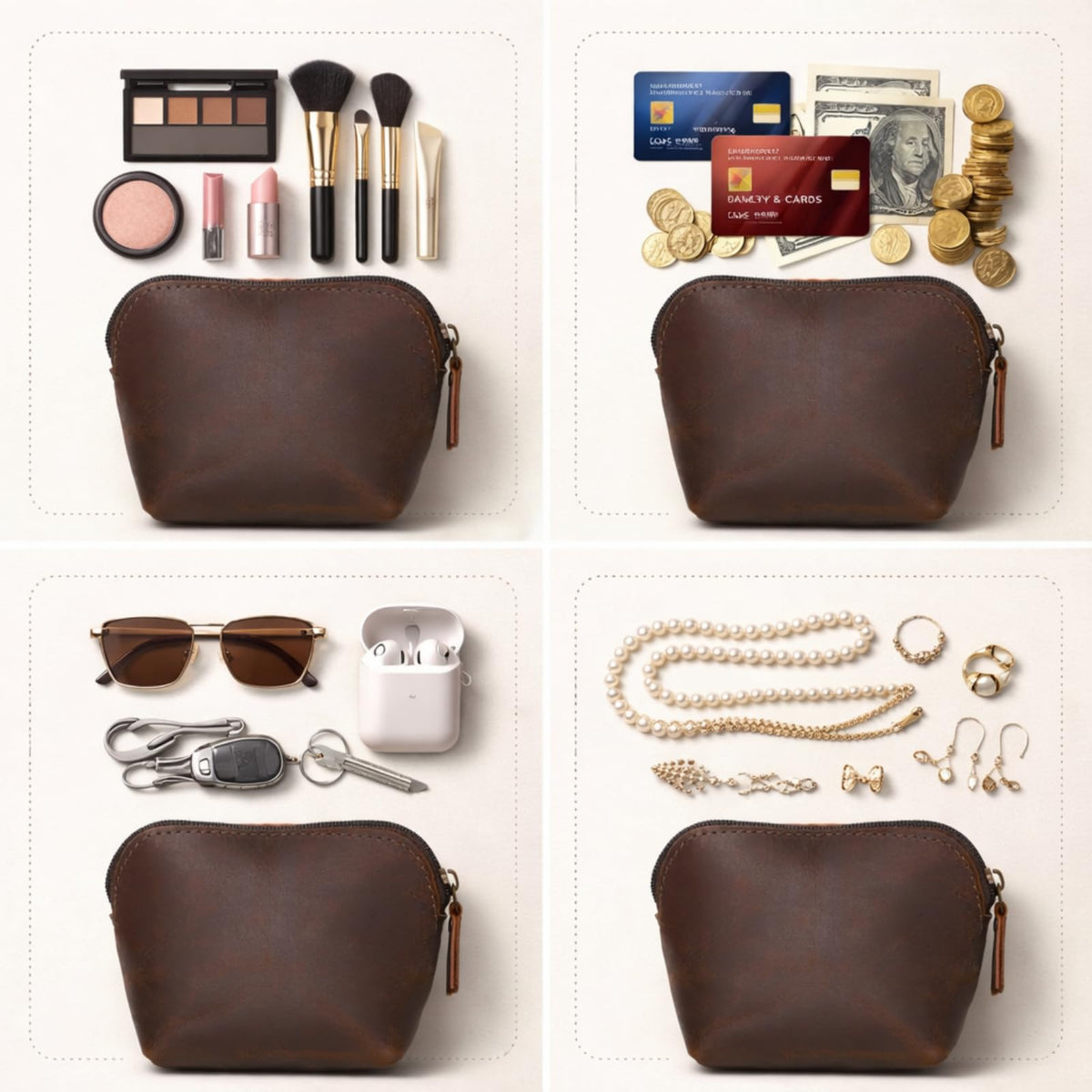 Leather Cosmetic Bag for Women & Men, Handmade Makeup Pouch, Small Travel Toiletry Case, Zippered Jewelry & Coin Organizer, Compact Purse Makeup Storage, Brown Leather (1, Brown, 4 x 4 x 3 Inch) - thewildfolk Leather Cosmetic Bag for Women & Men, Handmade Makeup Pouch, Small Travel Toiletry Case, Zippered Jewelry & Coin Organizer, Compact Purse Makeup Storage, Brown Leather (1, Brown, 4 x 4 x 3 Inch)