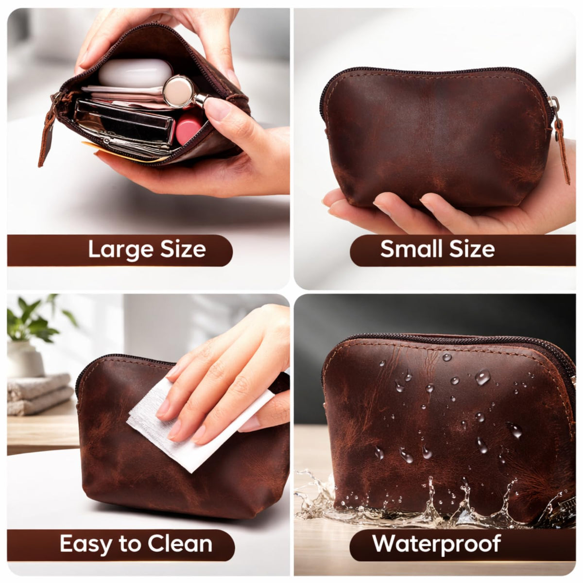 Leather Cosmetic Bag for Women & Men, Handmade Makeup Pouch, Small Travel Toiletry Case, Zippered Jewelry & Coin Organizer, Compact Purse Makeup Storage, Brown Leather (1, Brown, 4 x 4 x 3 Inch) - thewildfolk Leather Cosmetic Bag for Women & Men, Handmade Makeup Pouch, Small Travel Toiletry Case, Zippered Jewelry & Coin Organizer, Compact Purse Makeup Storage, Brown Leather (1, Brown, 4 x 4 x 3 Inch)