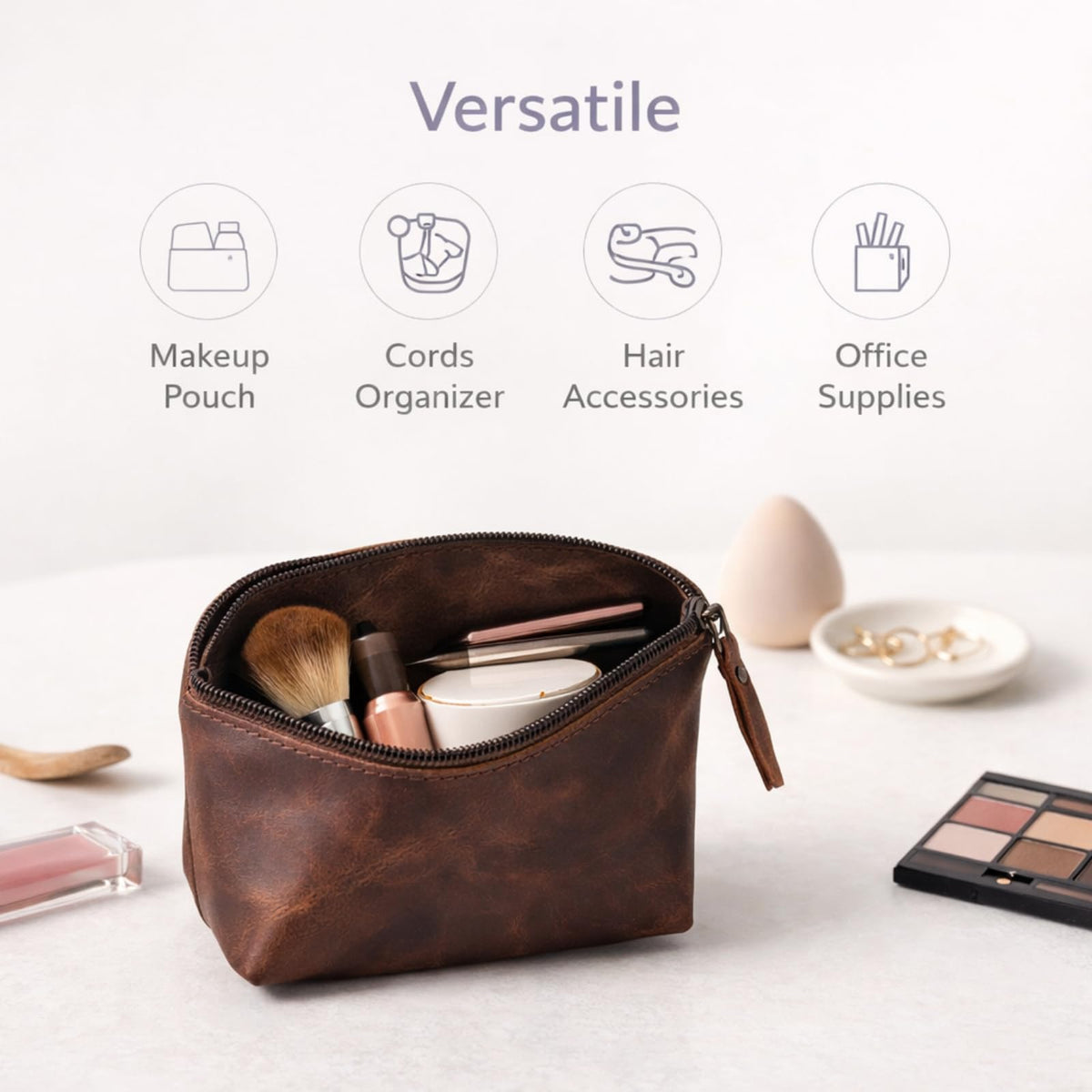 Leather Cosmetic Bag for Women & Men, Handmade Makeup Pouch, Small Travel Toiletry Case, Zippered Jewelry & Coin Organizer, Compact Purse Makeup Storage, Brown Leather (1, Brown, 4 x 4 x 3 Inch) - thewildfolk Leather Cosmetic Bag for Women & Men, Handmade Makeup Pouch, Small Travel Toiletry Case, Zippered Jewelry & Coin Organizer, Compact Purse Makeup Storage, Brown Leather (1, Brown, 4 x 4 x 3 Inch)