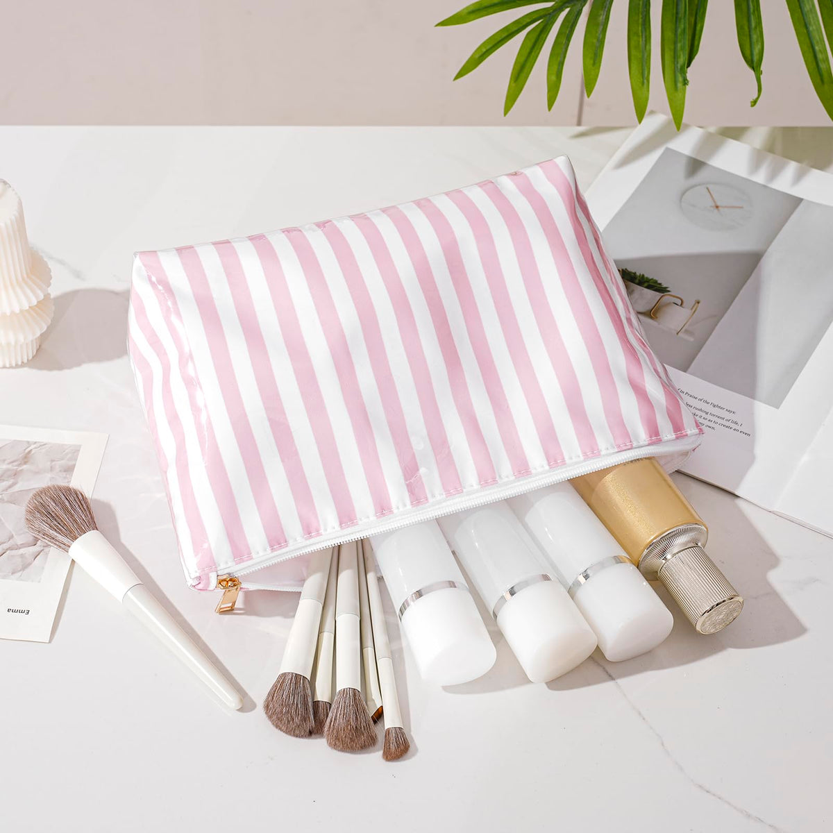 Lestikave Large PVC Waterproof Striped Makeup Bag(04Pink Stripe) - thewildfolk Lestikave Large PVC Waterproof Striped Makeup Bag(04Pink Stripe)