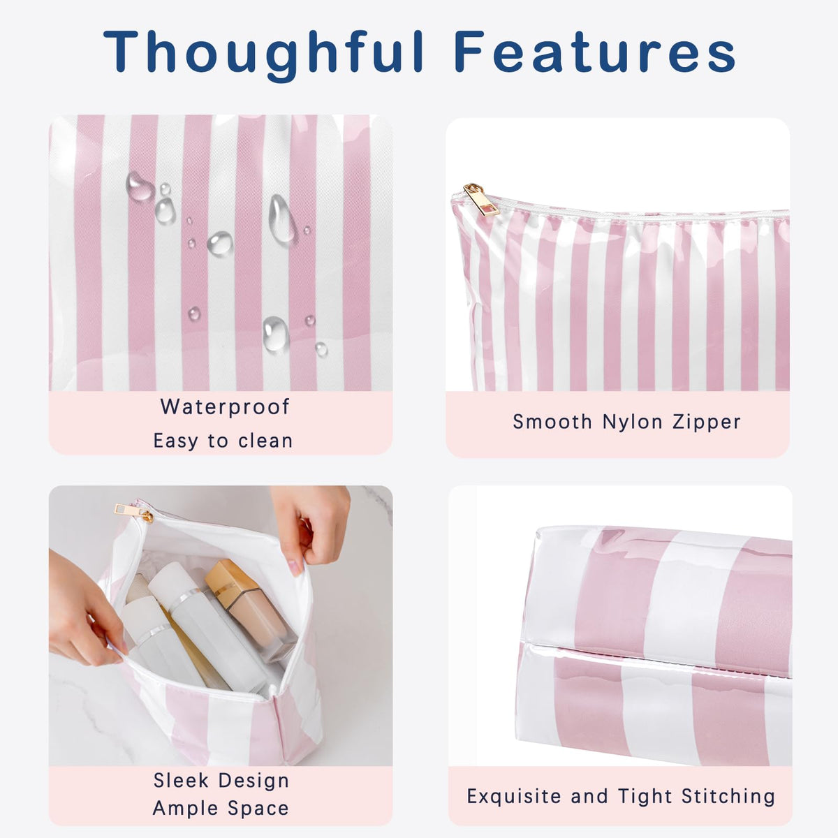 Lestikave Large PVC Waterproof Striped Makeup Bag(04Pink Stripe) - thewildfolk Lestikave Large PVC Waterproof Striped Makeup Bag(04Pink Stripe)