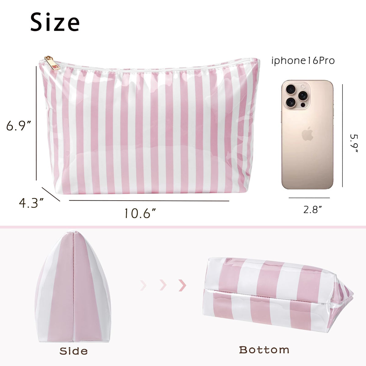 Lestikave Large PVC Waterproof Striped Makeup Bag(04Pink Stripe) - thewildfolk Lestikave Large PVC Waterproof Striped Makeup Bag(04Pink Stripe)