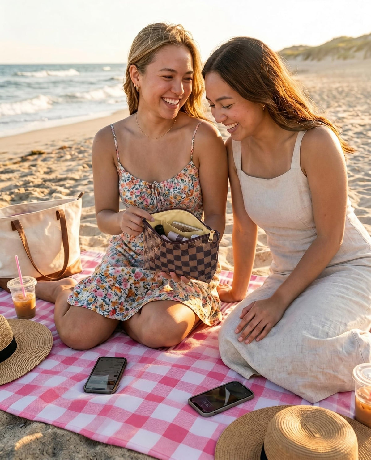 LETGO Dark Brown White Checkered Makeup Bag for Women,Waterproof Travel Beach Cosmetic Pouch,Sandproof Sunscreen Bag Pouch,Preppy Makeup Bag for Vacation Beach Summer Essentials(Checkered-Tan) - thewildfolk LETGO Dark Brown White Checkered Makeup Bag for Women,Waterproof Travel Beach Cosmetic Pouch,Sandproof Sunscreen Bag Pouch,Preppy Makeup Bag for Vacation Beach Summer Essentials(Checkered-Tan)