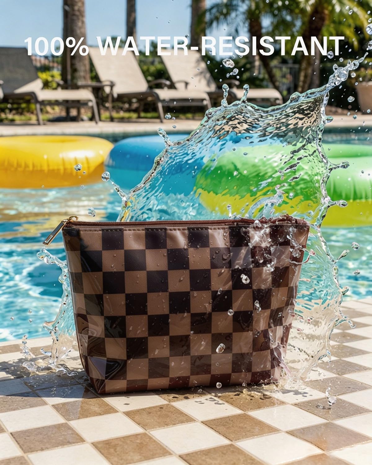 LETGO Dark Brown White Checkered Makeup Bag for Women,Waterproof Travel Beach Cosmetic Pouch,Sandproof Sunscreen Bag Pouch,Preppy Makeup Bag for Vacation Beach Summer Essentials(Checkered-Tan) - thewildfolk LETGO Dark Brown White Checkered Makeup Bag for Women,Waterproof Travel Beach Cosmetic Pouch,Sandproof Sunscreen Bag Pouch,Preppy Makeup Bag for Vacation Beach Summer Essentials(Checkered-Tan)