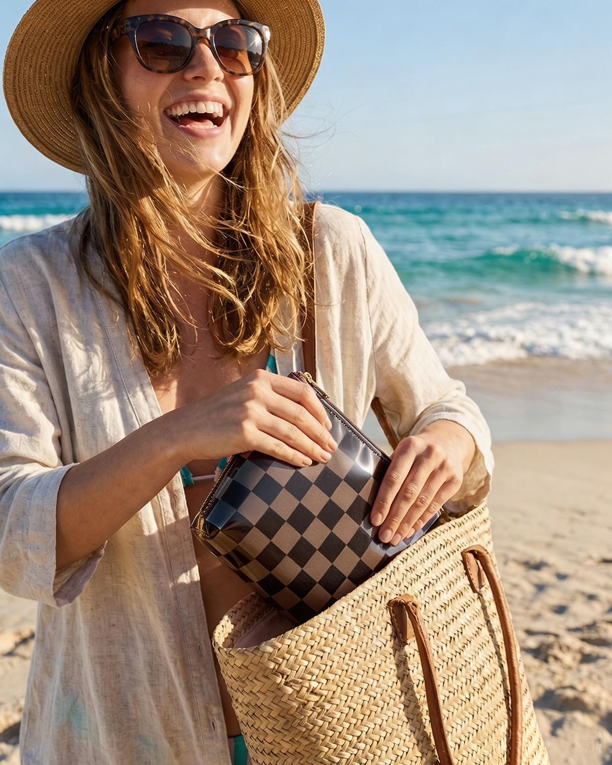 LETGO Dark Brown White Checkered Makeup Bag for Women,Waterproof Travel Beach Cosmetic Pouch,Sandproof Sunscreen Bag Pouch,Preppy Makeup Bag for Vacation Beach Summer Essentials(Checkered-Tan) - thewildfolk LETGO Dark Brown White Checkered Makeup Bag for Women,Waterproof Travel Beach Cosmetic Pouch,Sandproof Sunscreen Bag Pouch,Preppy Makeup Bag for Vacation Beach Summer Essentials(Checkered-Tan)