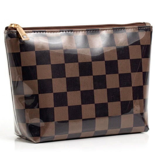 LETGO Dark Brown White Checkered Makeup Bag for Women,Waterproof Travel Beach Cosmetic Pouch,Sandproof Sunscreen Bag Pouch,Preppy Makeup Bag for Vacation Beach Summer Essentials(Checkered-Tan) - thewildfolk LETGO Dark Brown White Checkered Makeup Bag for Women,Waterproof Travel Beach Cosmetic Pouch,Sandproof Sunscreen Bag Pouch,Preppy Makeup Bag for Vacation Beach Summer Essentials(Checkered-Tan)