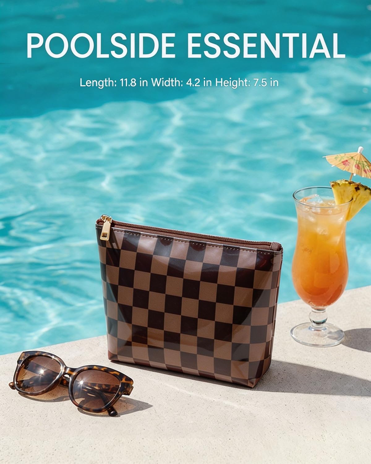 LETGO Dark Brown White Checkered Makeup Bag for Women,Waterproof Travel Beach Cosmetic Pouch,Sandproof Sunscreen Bag Pouch,Preppy Makeup Bag for Vacation Beach Summer Essentials(Checkered-Tan) - thewildfolk LETGO Dark Brown White Checkered Makeup Bag for Women,Waterproof Travel Beach Cosmetic Pouch,Sandproof Sunscreen Bag Pouch,Preppy Makeup Bag for Vacation Beach Summer Essentials(Checkered-Tan)