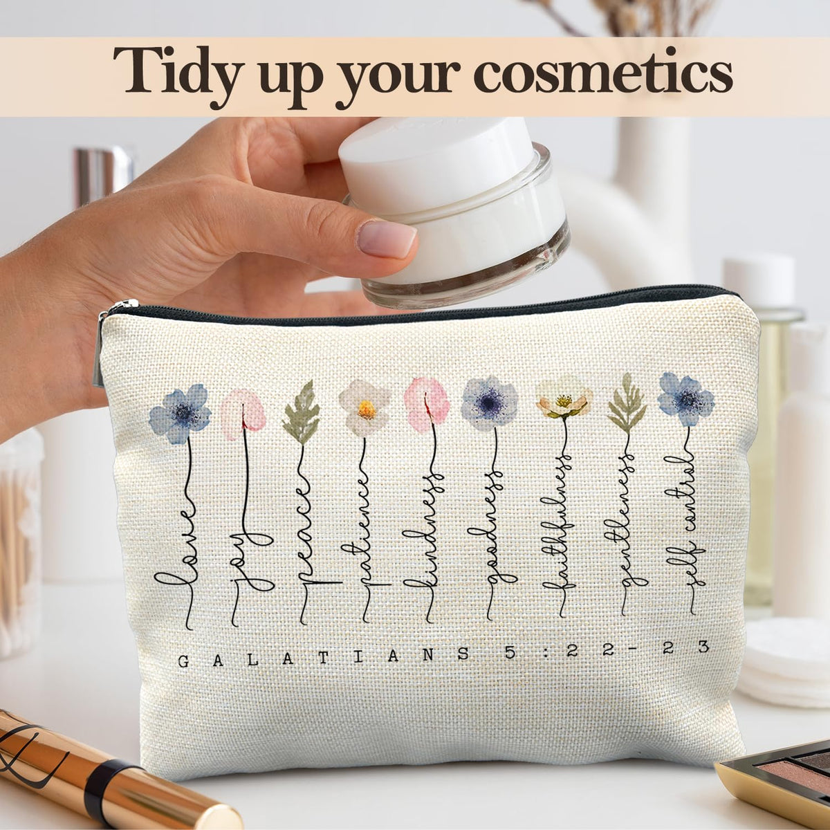 Likjad Christian Gifts Makeup Bag, Floral Christian Cosmetic Bags for Women, Galatians 5:22-23 Bible Verse Makeup Pouch, Faith Based Gifts Zipper Pouch - thewildfolk Likjad Christian Gifts Makeup Bag, Floral Christian Cosmetic Bags for Women, Galatians 5:22-23 Bible Verse Makeup Pouch, Faith Based Gifts Zipper Pouch