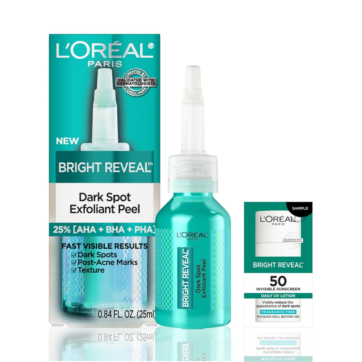 L'Oreal Paris Bright Reveal Dark Spot Exfoliant Peel, 25% AHA BHA PHA Face Exfoliator Solution, Gentle Skincare to Visibly Reduce Dark Spots and Renew Skin Texture, Includes SPF Lotion Sample - thewildfolk L'Oreal Paris Bright Reveal Dark Spot Exfoliant Peel, 25% AHA BHA PHA Face Exfoliator Solution, Gentle Skincare to Visibly Reduce Dark Spots and Renew Skin Texture, Includes SPF Lotion Sample