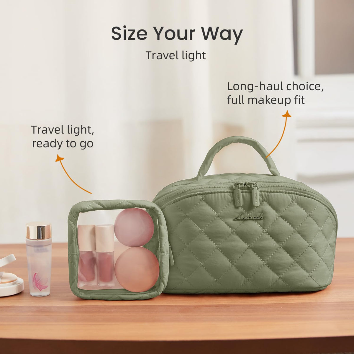 LOVEVOOK Travel Makeup Bag for Women, 2Pcs Puffer Waterproof Cosmetic Organizer, Large Capacity Pouch Open Flat Small Toiletry Bag with Brush Compartment & Handle (Green, Medium) - thewildfolk LOVEVOOK Travel Makeup Bag for Women, 2Pcs Puffer Waterproof Cosmetic Organizer, Large Capacity Pouch Open Flat Small Toiletry Bag with Brush Compartment & Handle (Green, Medium)