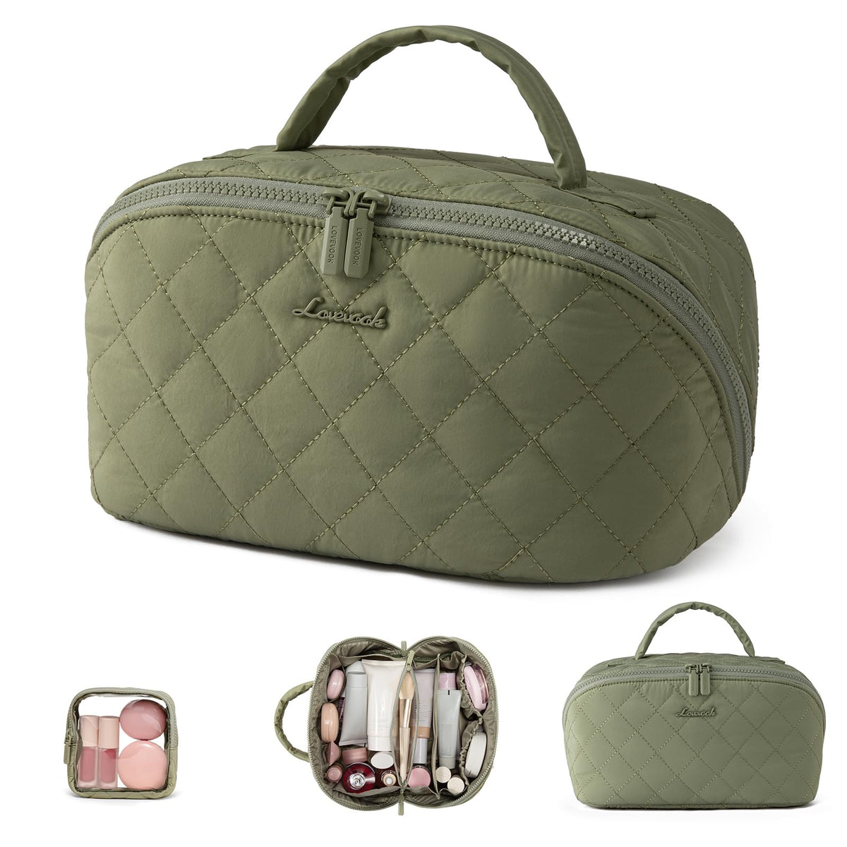 LOVEVOOK Travel Makeup Bag for Women, 2Pcs Puffer Waterproof Cosmetic Organizer, Large Capacity Pouch Open Flat Small Toiletry Bag with Brush Compartment & Handle (Green, Medium) - thewildfolk LOVEVOOK Travel Makeup Bag for Women, 2Pcs Puffer Waterproof Cosmetic Organizer, Large Capacity Pouch Open Flat Small Toiletry Bag with Brush Compartment & Handle (Green, Medium)