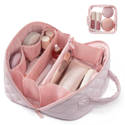 LOVEVOOK Travel Makeup Bag for Women, 2Pcs Puffer Waterproof Cosmetic Organizer, Large Capacity Pouch Open Flat Small Toiletry Bag with Brush Compartment & Handle (Pink, Medium) - thewildfolk LOVEVOOK Travel Makeup Bag for Women, 2Pcs Puffer Waterproof Cosmetic Organizer, Large Capacity Pouch Open Flat Small Toiletry Bag with Brush Compartment & Handle (Pink, Medium)