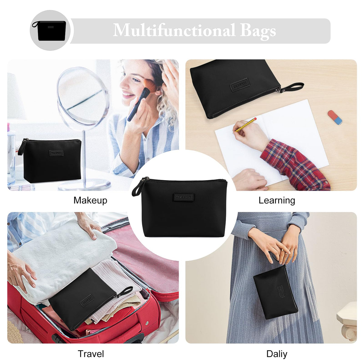 MAANGE Cosmetic Bags for Women Small Makeup Bag for Purse Pu Leather Makeup Pouch Travel Makeup Bag with Zipper Make Up Bag for Travelling (Black) - thewildfolk MAANGE Cosmetic Bags for Women Small Makeup Bag for Purse Pu Leather Makeup Pouch Travel Makeup Bag with Zipper Make Up Bag for Travelling (Black)