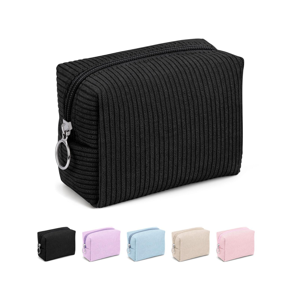 MAGEFY Corduroy Makeup Bag - Small Travel Cosmetic Pouch for Women, Portable Mini Zipper Purse with Everyday Essentials for Office, or Trip (Black) - thewildfolk MAGEFY Corduroy Makeup Bag - Small Travel Cosmetic Pouch for Women, Portable Mini Zipper Purse with Everyday Essentials for Office, or Trip (Black)