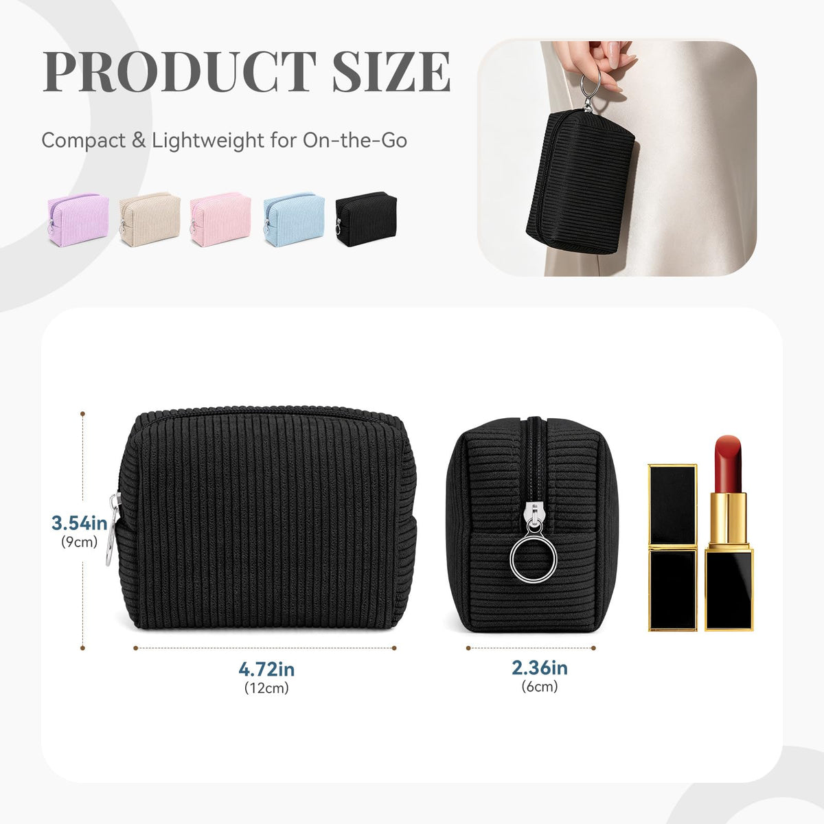 MAGEFY Corduroy Makeup Bag - Small Travel Cosmetic Pouch for Women, Portable Mini Zipper Purse with Everyday Essentials for Office, or Trip (Black) - thewildfolk MAGEFY Corduroy Makeup Bag - Small Travel Cosmetic Pouch for Women, Portable Mini Zipper Purse with Everyday Essentials for Office, or Trip (Black)
