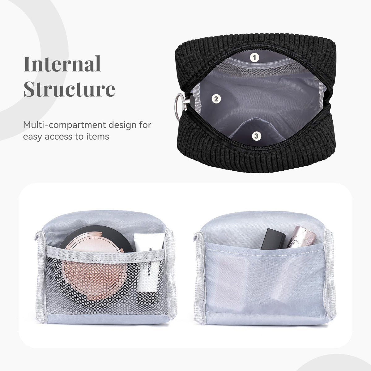 MAGEFY Corduroy Makeup Bag - Small Travel Cosmetic Pouch for Women, Portable Mini Zipper Purse with Everyday Essentials for Office, or Trip (Black) - thewildfolk MAGEFY Corduroy Makeup Bag - Small Travel Cosmetic Pouch for Women, Portable Mini Zipper Purse with Everyday Essentials for Office, or Trip (Black)