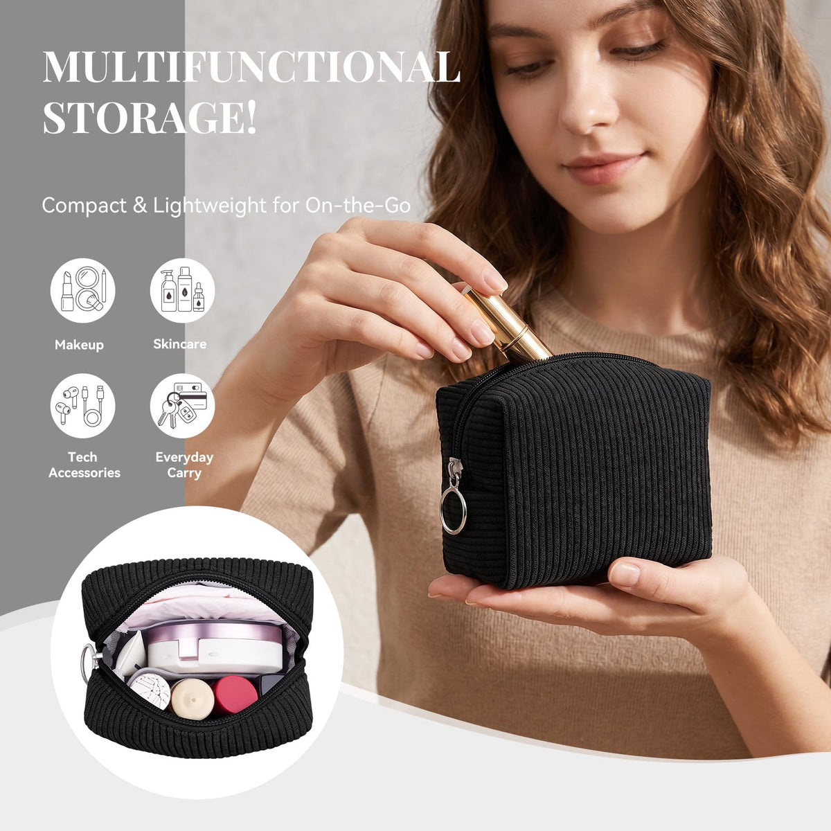 MAGEFY Corduroy Makeup Bag - Small Travel Cosmetic Pouch for Women, Portable Mini Zipper Purse with Everyday Essentials for Office, or Trip (Black) - thewildfolk MAGEFY Corduroy Makeup Bag - Small Travel Cosmetic Pouch for Women, Portable Mini Zipper Purse with Everyday Essentials for Office, or Trip (Black)