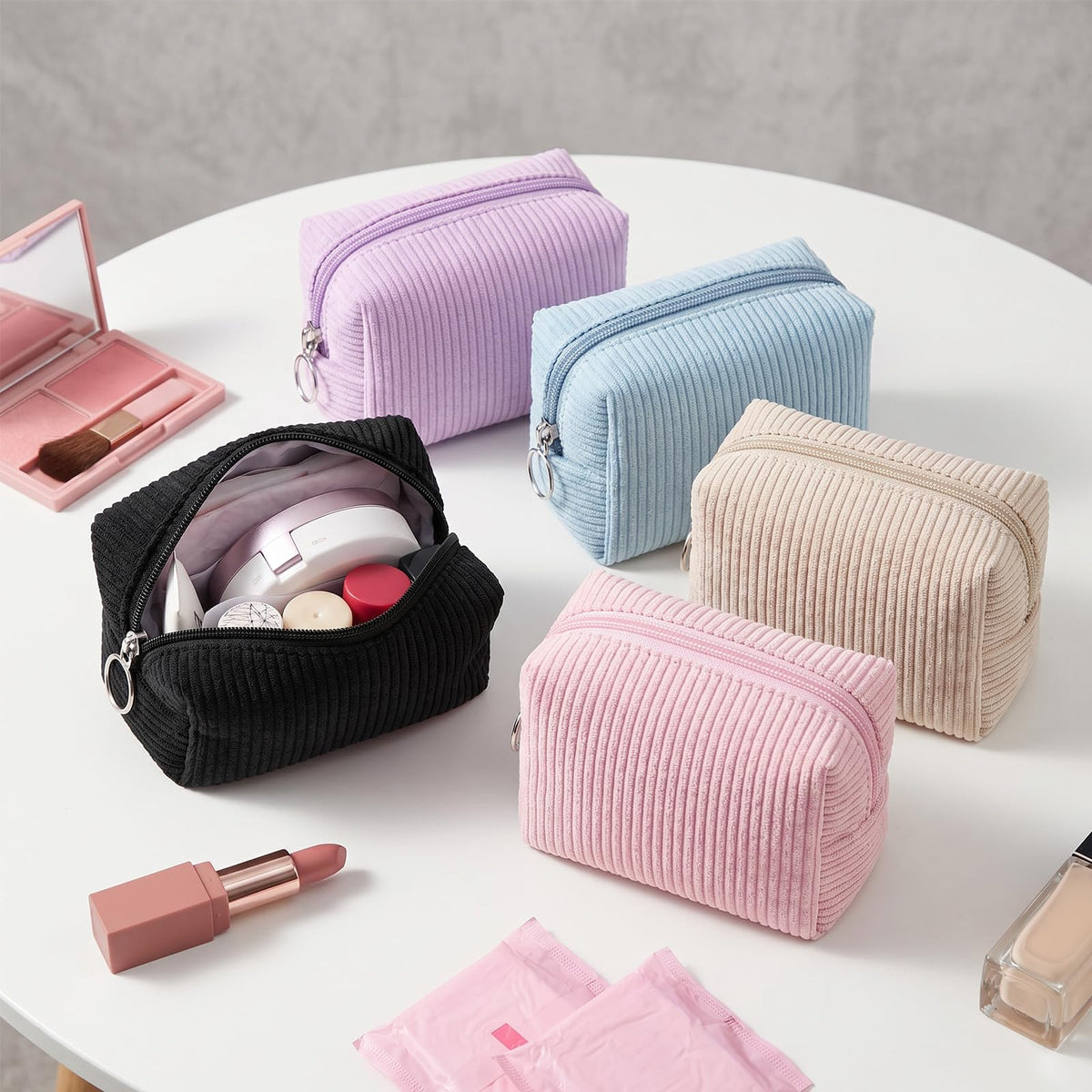 MAGEFY Corduroy Makeup Bag - Small Travel Cosmetic Pouch for Women, Portable Mini Zipper Purse with Everyday Essentials for Office, or Trip (Black) - thewildfolk MAGEFY Corduroy Makeup Bag - Small Travel Cosmetic Pouch for Women, Portable Mini Zipper Purse with Everyday Essentials for Office, or Trip (Black)
