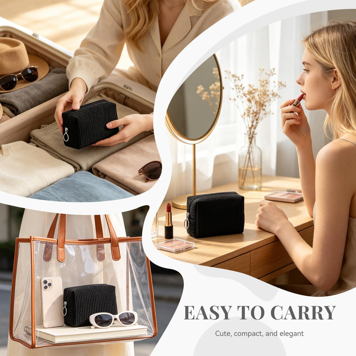 MAGEFY Corduroy Makeup Bag - Small Travel Cosmetic Pouch for Women, Portable Mini Zipper Purse with Everyday Essentials for Office, or Trip (Black) - thewildfolk MAGEFY Corduroy Makeup Bag - Small Travel Cosmetic Pouch for Women, Portable Mini Zipper Purse with Everyday Essentials for Office, or Trip (Black)