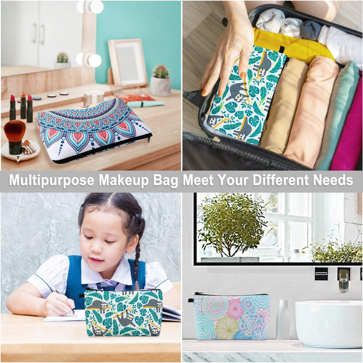 MAGEFY Makeup Bag 3 Styles Portable Travel Cosmetic Bag for Women Flower Patterns Small Toiletry Bag Sloth Gifts for Women Makeup Pouch with Black Zipper Pouch (3 packs) - thewildfolk MAGEFY Makeup Bag 3 Styles Portable Travel Cosmetic Bag for Women Flower Patterns Small Toiletry Bag Sloth Gifts for Women Makeup Pouch with Black Zipper Pouch (3 packs)
