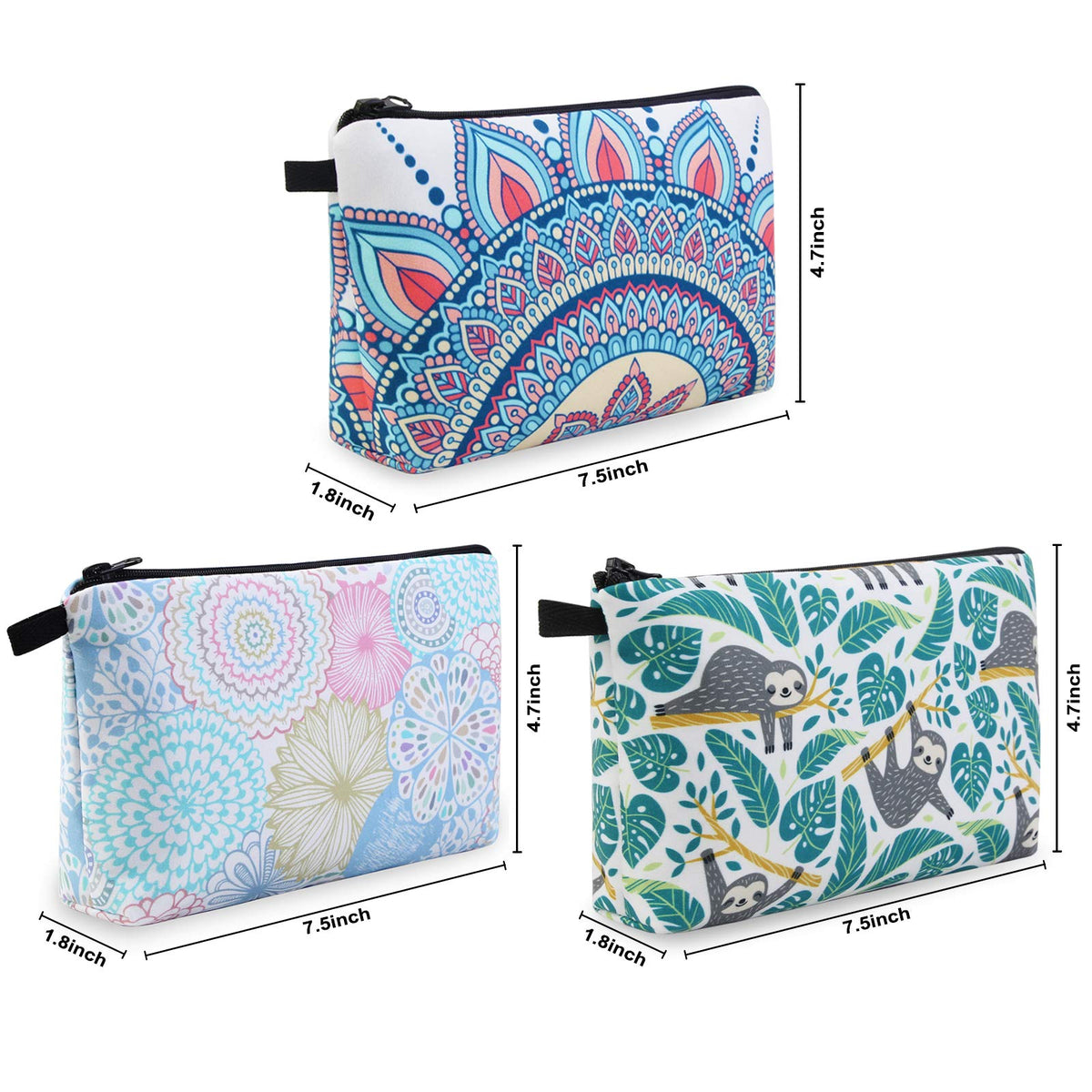 MAGEFY Makeup Bag 3 Styles Portable Travel Cosmetic Bag for Women Flower Patterns Small Toiletry Bag Sloth Gifts for Women Makeup Pouch with Black Zipper Pouch (3 packs) - thewildfolk MAGEFY Makeup Bag 3 Styles Portable Travel Cosmetic Bag for Women Flower Patterns Small Toiletry Bag Sloth Gifts for Women Makeup Pouch with Black Zipper Pouch (3 packs)
