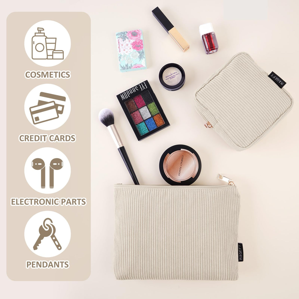 MAGEFY Small Makeup Bag for Purse Corduroy Makeup Bag with Inner Zipper Pockets Travel Cosmetic Bag for Women Preppy Stuff Aesthetic Gifts Back to School Supplies, Beige - thewildfolk MAGEFY Small Makeup Bag for Purse Corduroy Makeup Bag with Inner Zipper Pockets Travel Cosmetic Bag for Women Preppy Stuff Aesthetic Gifts Back to School Supplies, Beige