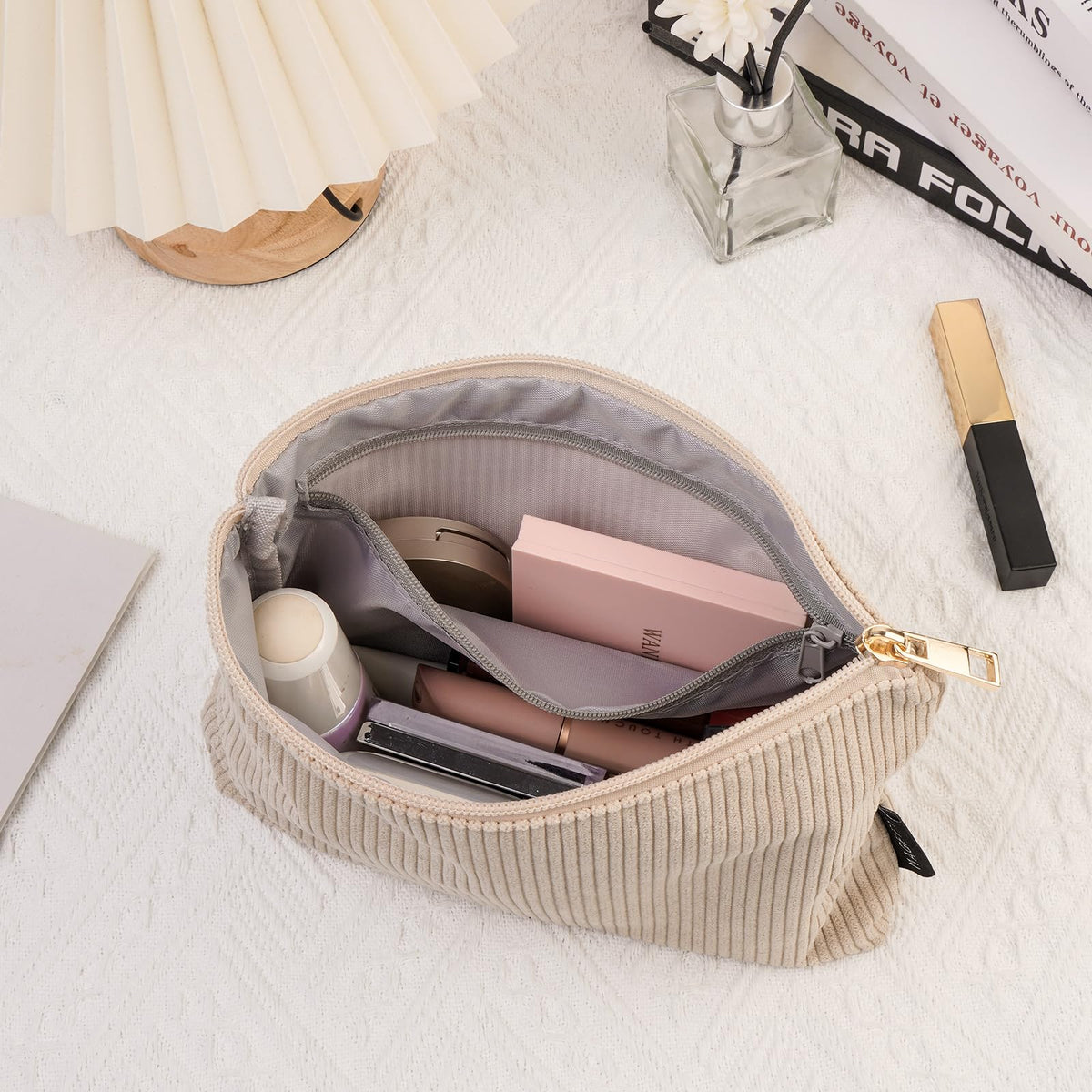 MAGEFY Small Makeup Bag for Purse Corduroy Makeup Bag with Inner Zipper Pockets Travel Cosmetic Bag for Women Preppy Stuff Aesthetic Gifts Back to School Supplies, Beige - thewildfolk MAGEFY Small Makeup Bag for Purse Corduroy Makeup Bag with Inner Zipper Pockets Travel Cosmetic Bag for Women Preppy Stuff Aesthetic Gifts Back to School Supplies, Beige