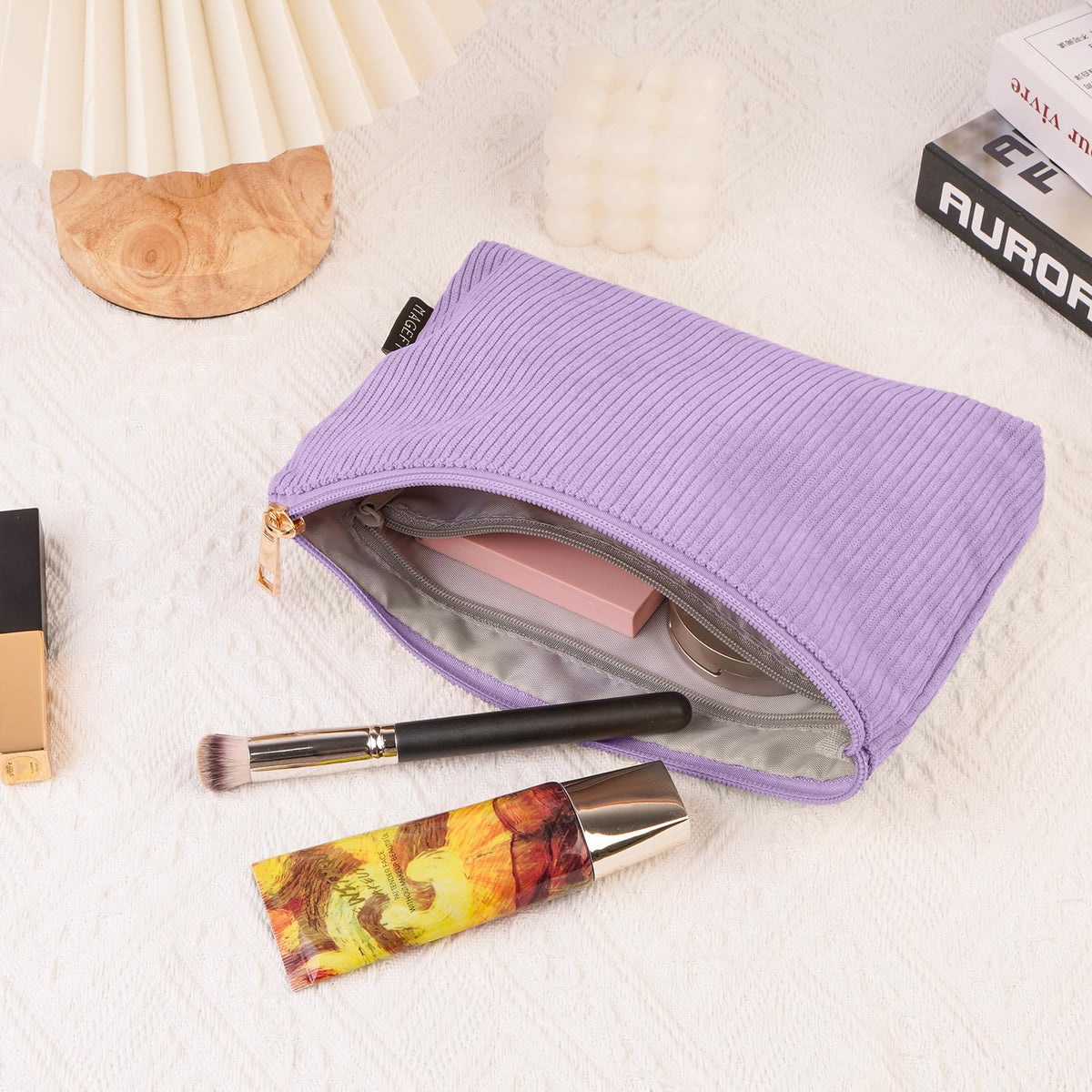 MAGEFY Small Makeup Bag for Purse Corduroy Makeup Bag with Inner Zipper Pockets Travel Cosmetic Bag for Women Preppy Stuff, Purple - thewildfolk MAGEFY Small Makeup Bag for Purse Corduroy Makeup Bag with Inner Zipper Pockets Travel Cosmetic Bag for Women Preppy Stuff, Purple