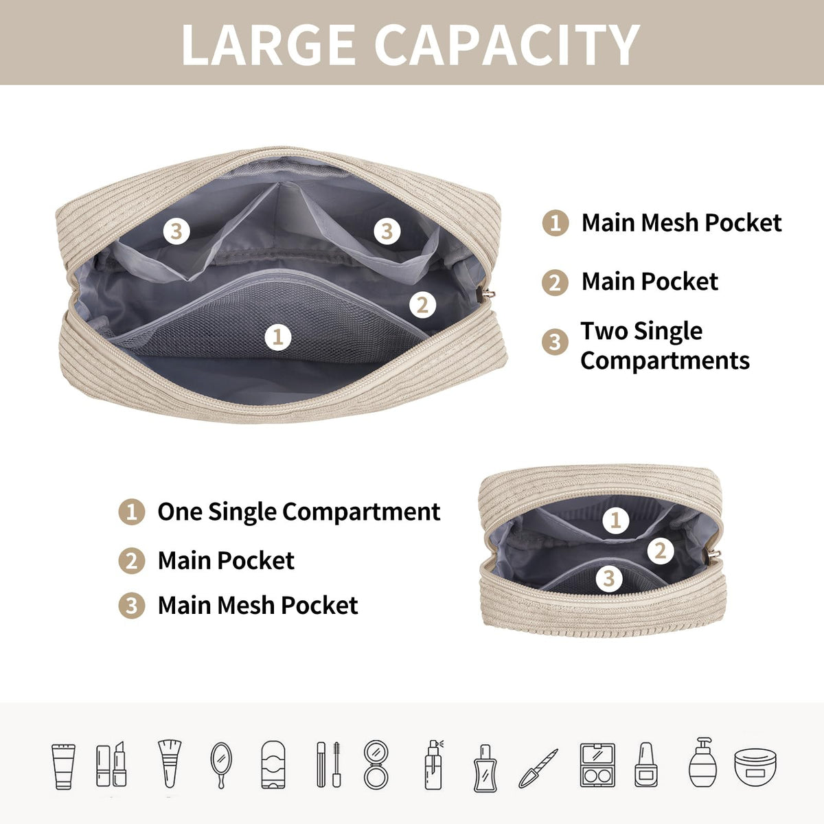 MAGEFY Small Makeup Bag for Purse Mini Cosmetics Bag Corduroy Cute Cosmetic Pouch for Women with Slip-in Pockets (Beige) - thewildfolk MAGEFY Small Makeup Bag for Purse Mini Cosmetics Bag Corduroy Cute Cosmetic Pouch for Women with Slip-in Pockets (Beige)