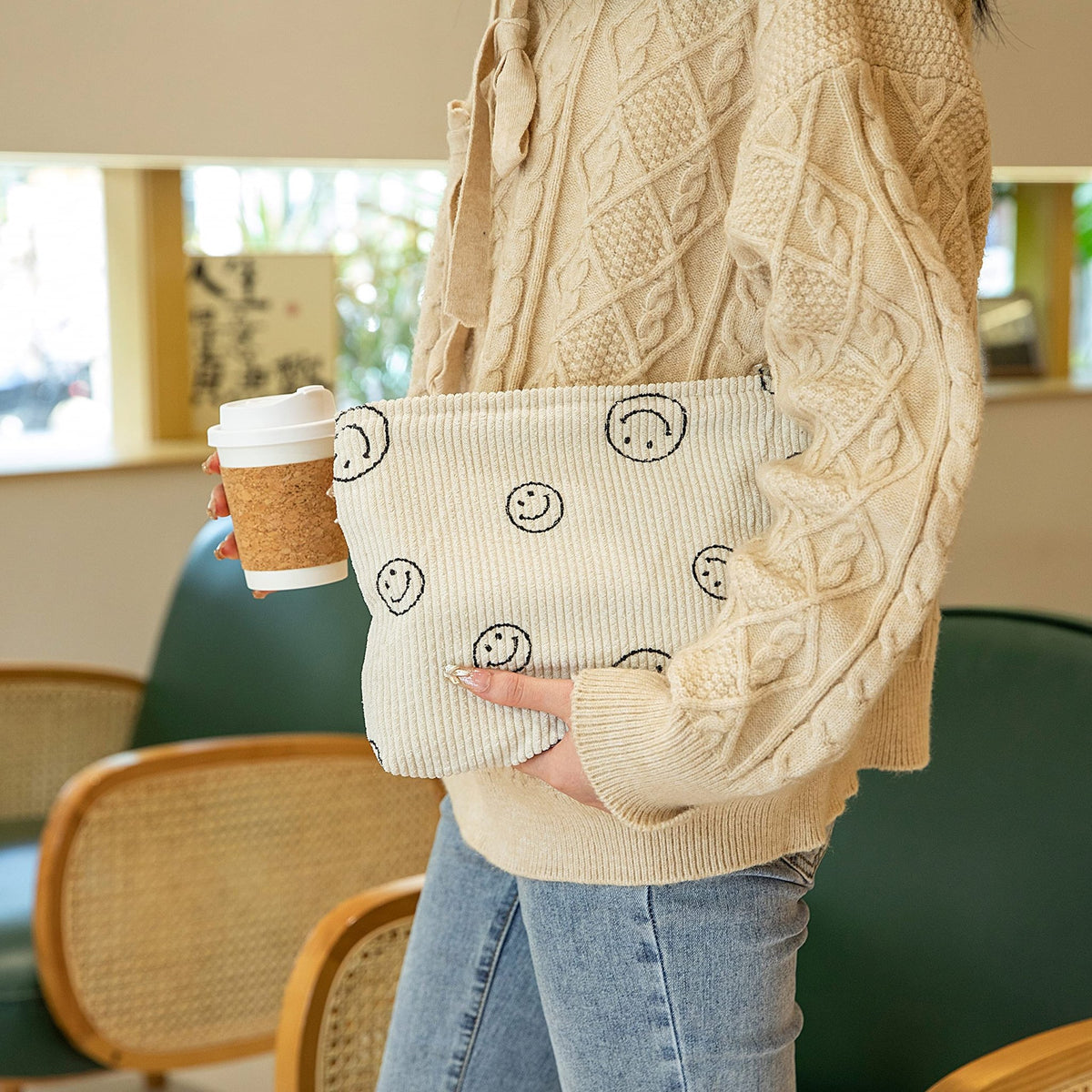 Makeup Bag For Women - Corduroy Cosmetic Bags Aesthetic Design Ladies Tote pouch Women's Pencil Case,Cute Smiley Face Makeup Organizer with Zipper (Beige) - thewildfolk Makeup Bag For Women - Corduroy Cosmetic Bags Aesthetic Design Ladies Tote pouch Women's Pencil Case,Cute Smiley Face Makeup Organizer with Zipper (Beige)