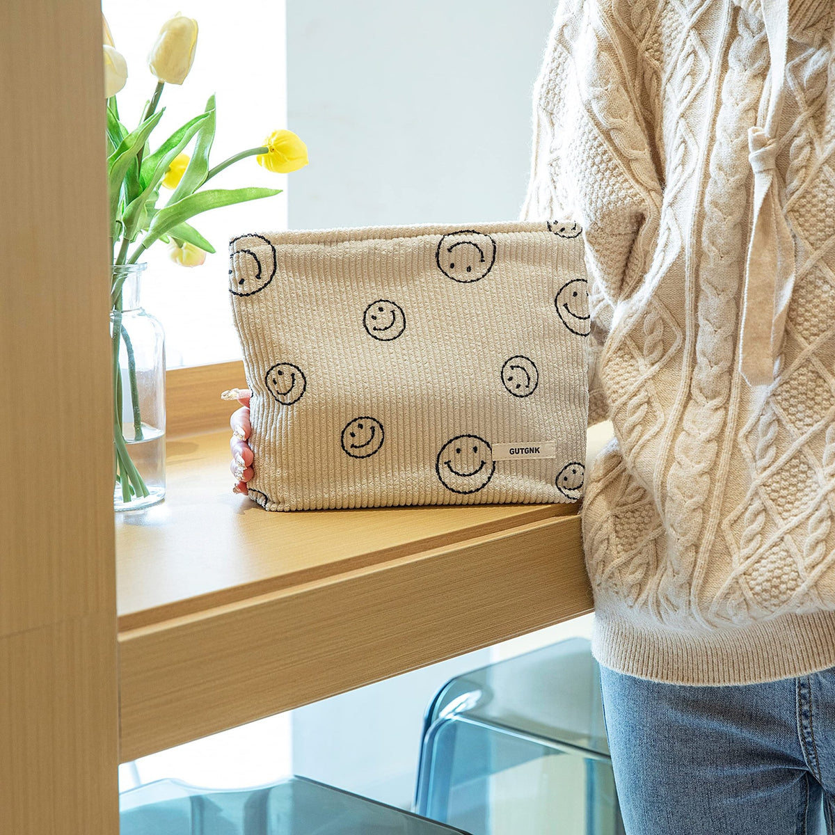 Makeup Bag For Women - Corduroy Cosmetic Bags Aesthetic Design Ladies Tote pouch Women's Pencil Case,Cute Smiley Face Makeup Organizer with Zipper (Beige) - thewildfolk Makeup Bag For Women - Corduroy Cosmetic Bags Aesthetic Design Ladies Tote pouch Women's Pencil Case,Cute Smiley Face Makeup Organizer with Zipper (Beige)