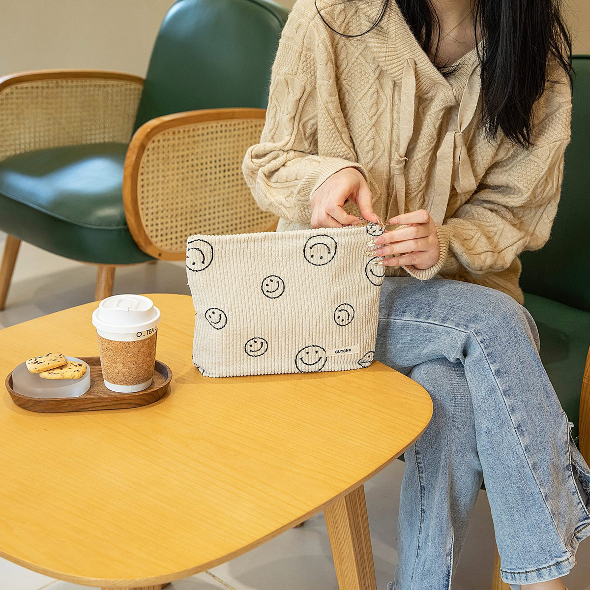 Makeup Bag For Women - Corduroy Cosmetic Bags Aesthetic Design Ladies Tote pouch Women's Pencil Case,Cute Smiley Face Makeup Organizer with Zipper (Beige) - thewildfolk Makeup Bag For Women - Corduroy Cosmetic Bags Aesthetic Design Ladies Tote pouch Women's Pencil Case,Cute Smiley Face Makeup Organizer with Zipper (Beige)