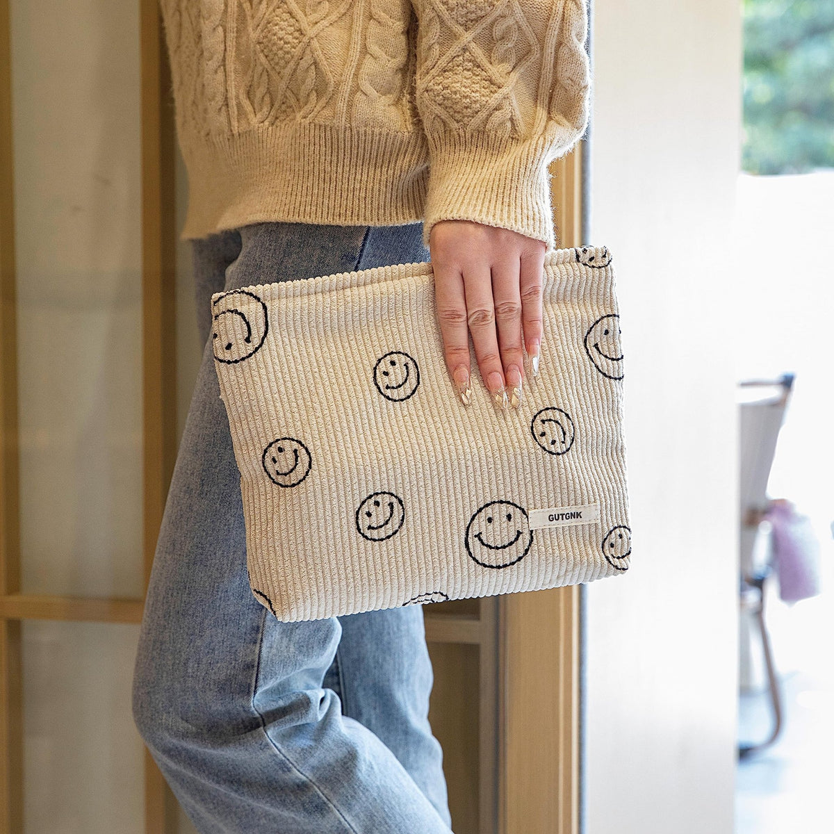 Makeup Bag For Women - Corduroy Cosmetic Bags Aesthetic Design Ladies Tote pouch Women's Pencil Case,Cute Smiley Face Makeup Organizer with Zipper (Beige) - thewildfolk Makeup Bag For Women - Corduroy Cosmetic Bags Aesthetic Design Ladies Tote pouch Women's Pencil Case,Cute Smiley Face Makeup Organizer with Zipper (Beige)