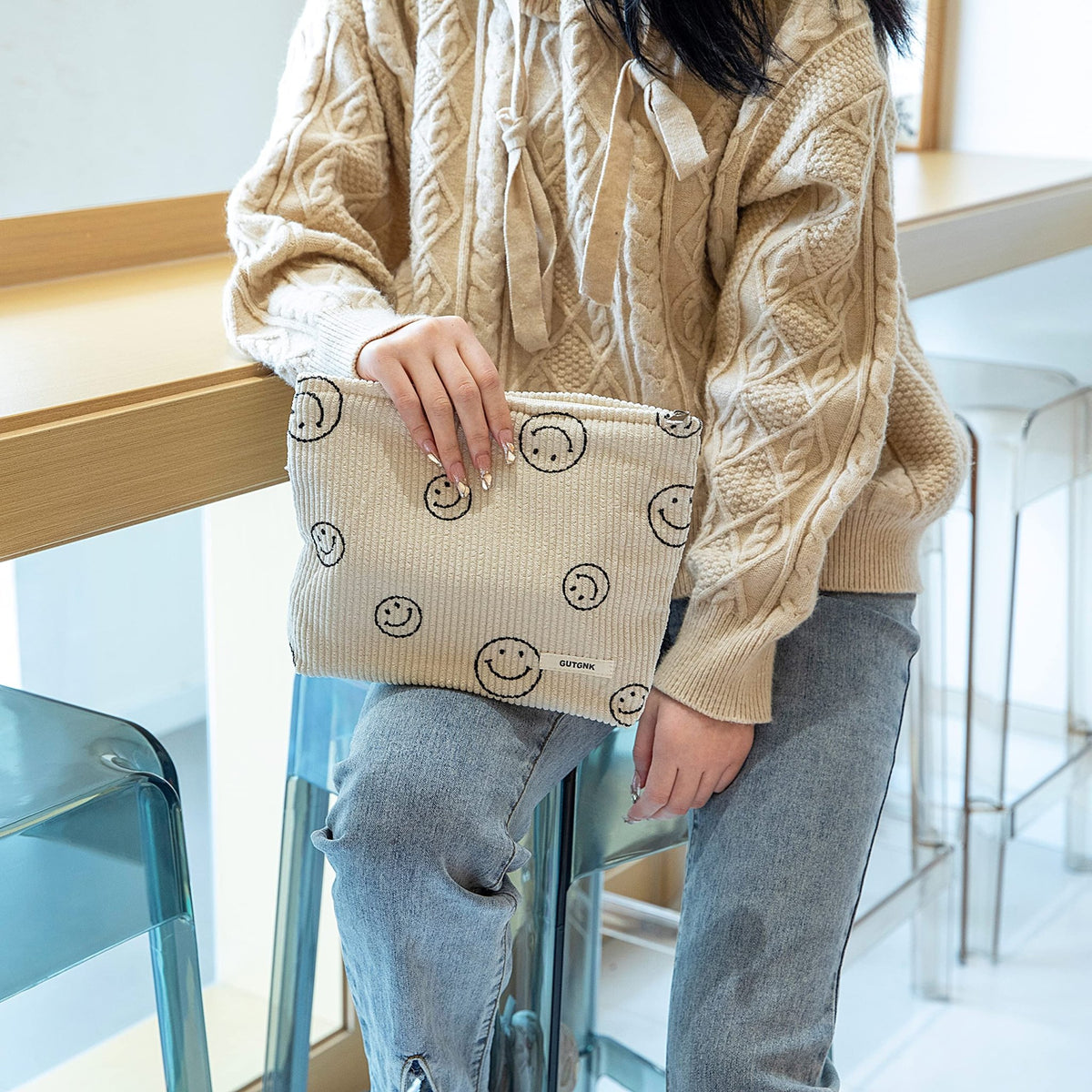Makeup Bag For Women - Corduroy Cosmetic Bags Aesthetic Design Ladies Tote pouch Women's Pencil Case,Cute Smiley Face Makeup Organizer with Zipper (Beige) - thewildfolk Makeup Bag For Women - Corduroy Cosmetic Bags Aesthetic Design Ladies Tote pouch Women's Pencil Case,Cute Smiley Face Makeup Organizer with Zipper (Beige)