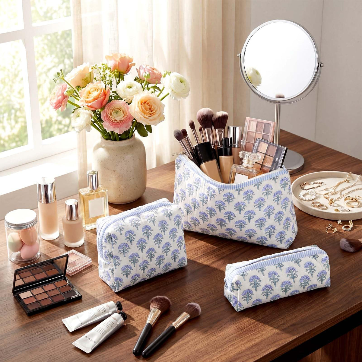 Meanplan 3 Pcs Blue Block Print Quilted Makeup Bag for Women Last Toast on The Coast Quilted Cosmetic Bag Bachelorette Favors Cornflower Coquette Floral Toiletry Pouch Travel Organizer - thewildfolk Meanplan 3 Pcs Blue Block Print Quilted Makeup Bag for Women Last Toast on The Coast Quilted Cosmetic Bag Bachelorette Favors Cornflower Coquette Floral Toiletry Pouch Travel Organizer